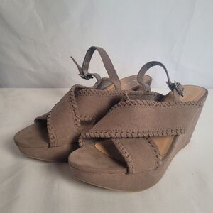Bamboo Taupe/Gray Faux Suede Slingback Platform Wedge Criss Cross Wedge Size 10